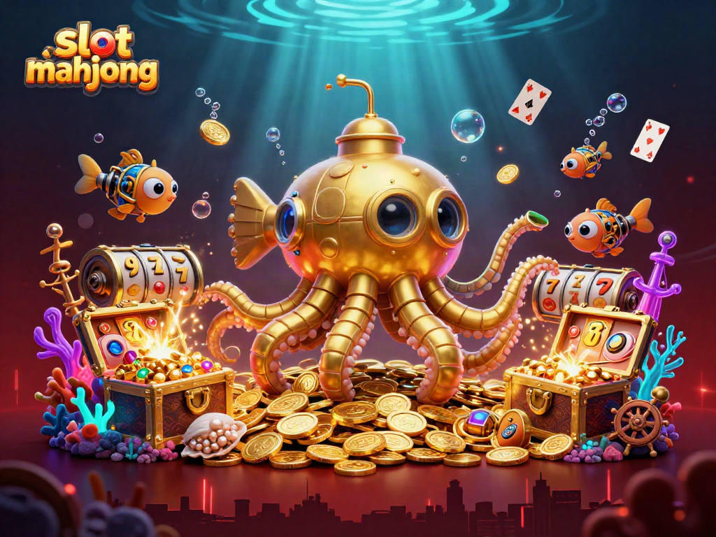 Engage with slot mahjong gameplay in a vibrant, underwater casino scene adorned with treasures.