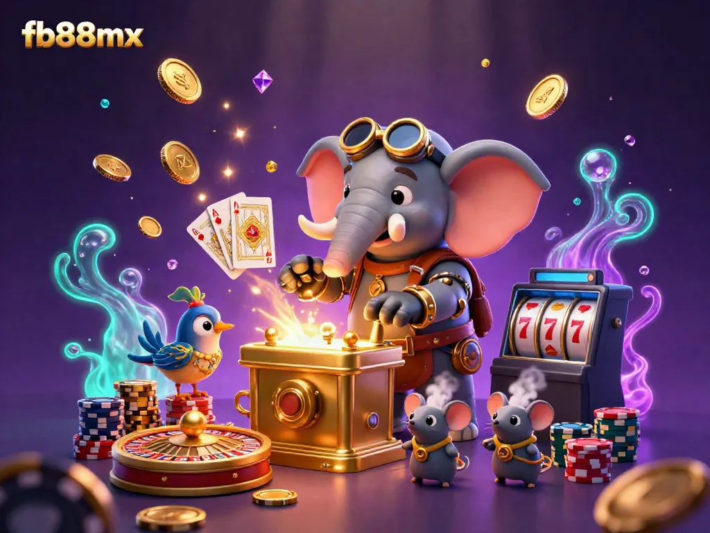 Experience the excitement of fb88mx with dynamic steampunk characters and vibrant casino elements in a rich 3D scene.