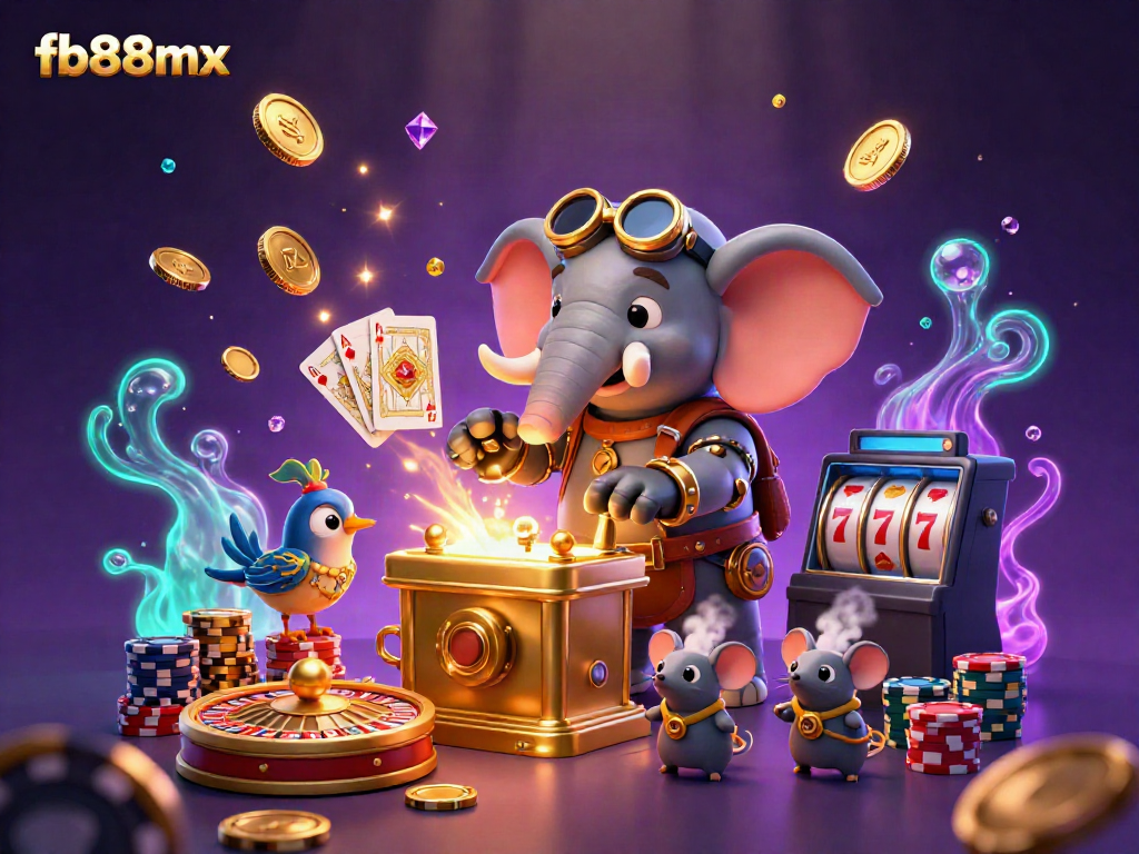Experience the excitement of fb88mx with dynamic steampunk characters and vibrant casino elements in a rich 3D scene.