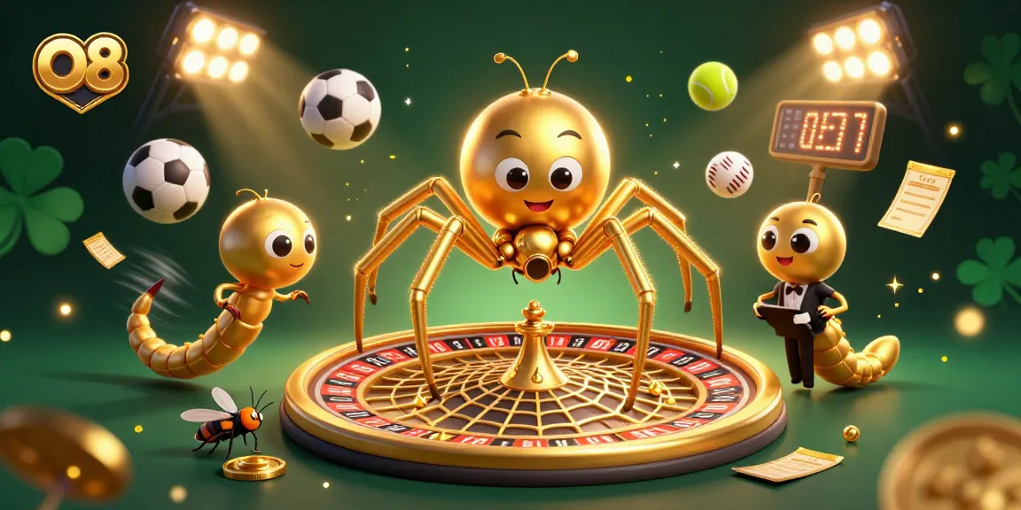 Bet with O8 at a vibrant 3D casino scene featuring a roulette wheel web and sports elements.