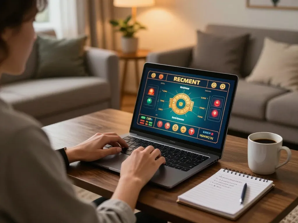 Engaged player utilizing the mm88 link for online casino gaming with strategic notes nearby.
