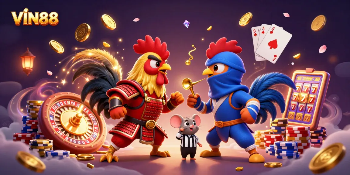 Engage in thrilling battles with VIN88 as fighting roosters duel amid casino elements.