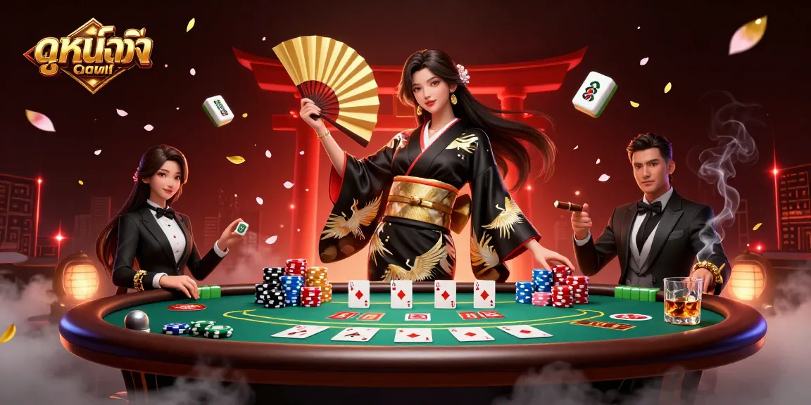 Experience ดูหนังออนไลน์ with a stunning visual of casino elements and an elegant Asian woman.