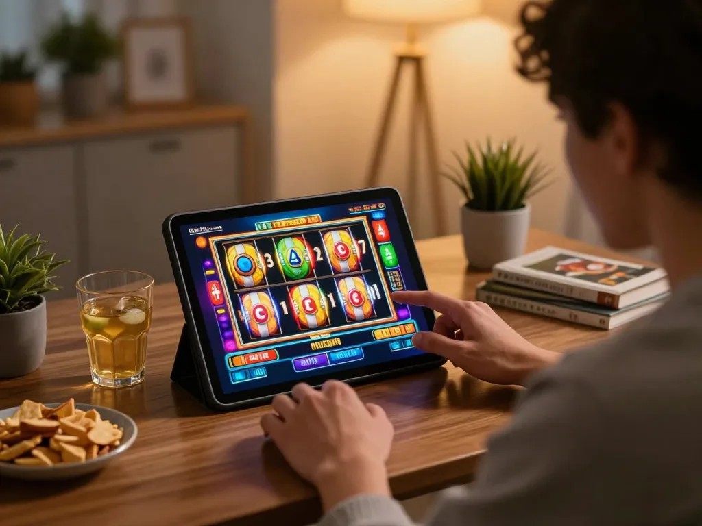 Engaged player enjoying oli4d alternatif from a tablet, playing colorful slots at home.