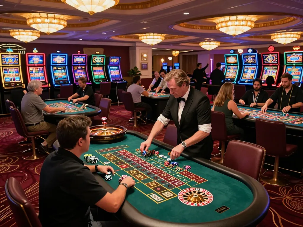 Players engage with W69 roulette tables in luxury casino setting, capturing vibrant gaming action.