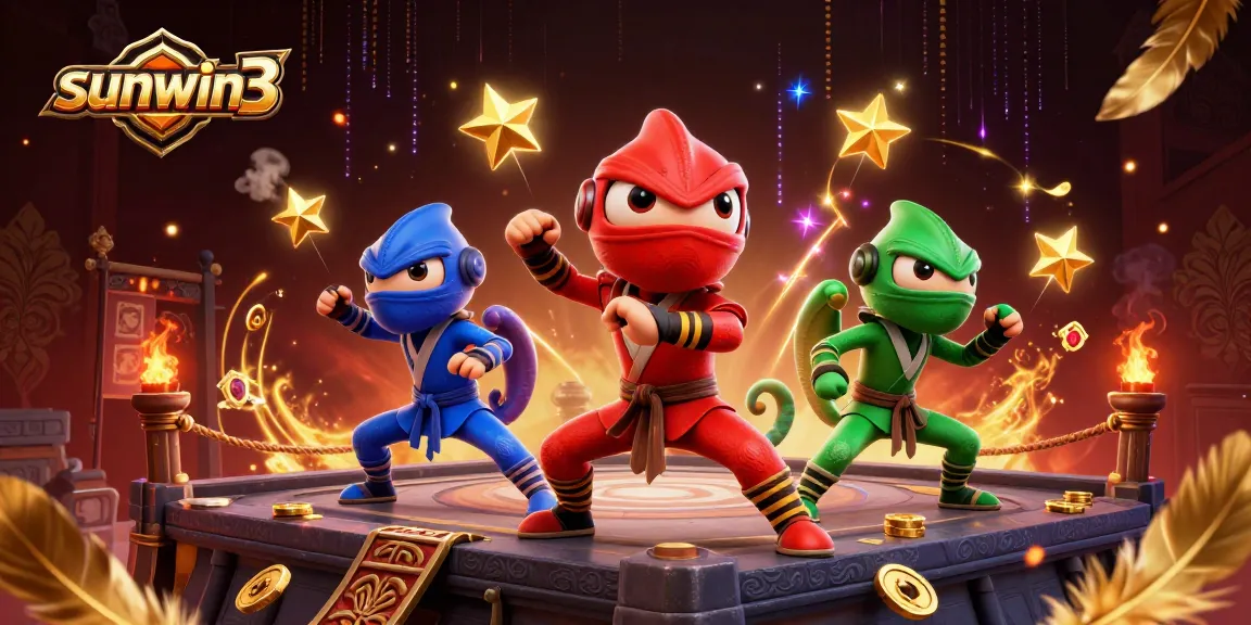 Experience exciting gameplay with sunwin3 as three ninja chameleons battle amidst casino-themed elements.