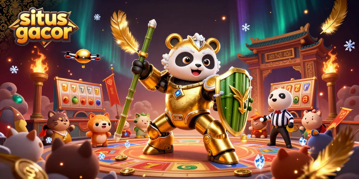 Situs gacor showcases thrilling casino excitement with a mech-suit panda battling in a vibrant arena.