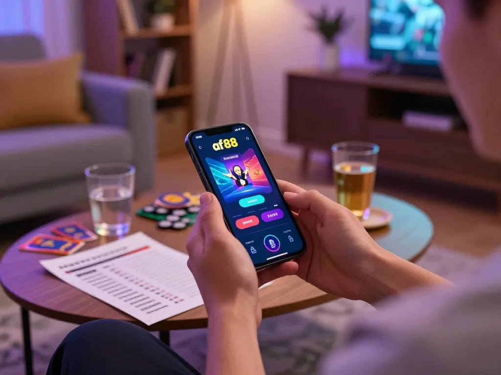 Person engaged with the af88 app on their smartphone while strategizing in a cozy living room.