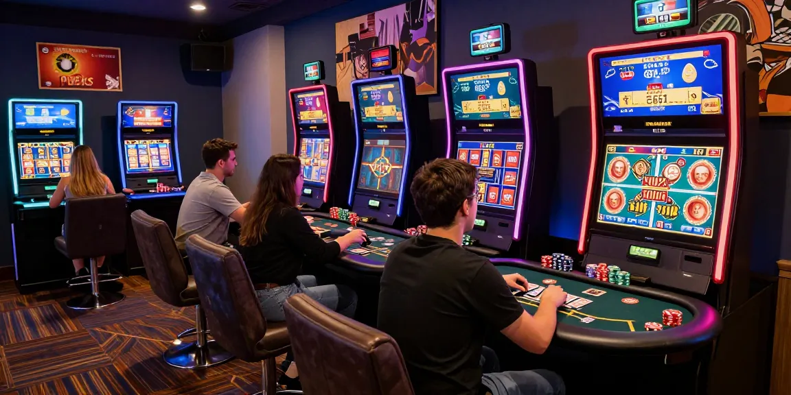Credit card casinos scene with players enjoying vibrant gaming terminals and engaging gameplay in a stylish lounge atmosphere.