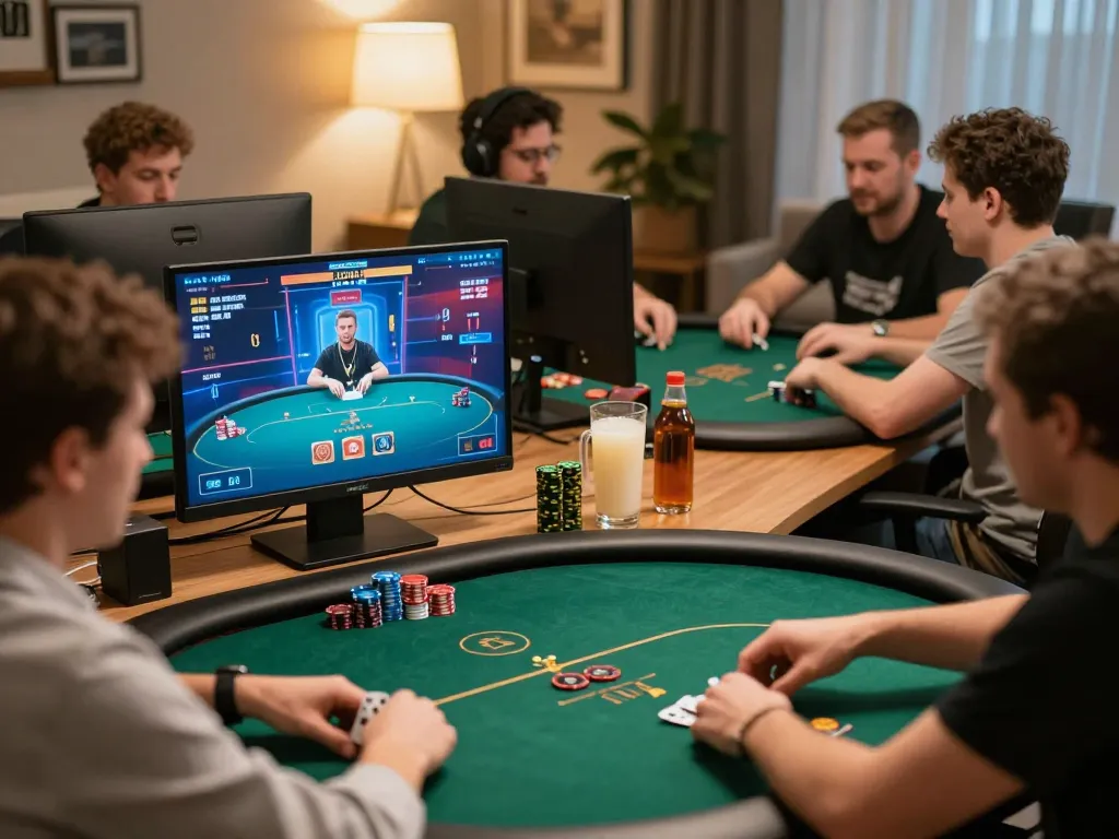 LIGA2000 online poker tournament scene with players strategizing, capturing a competitive atmosphere.