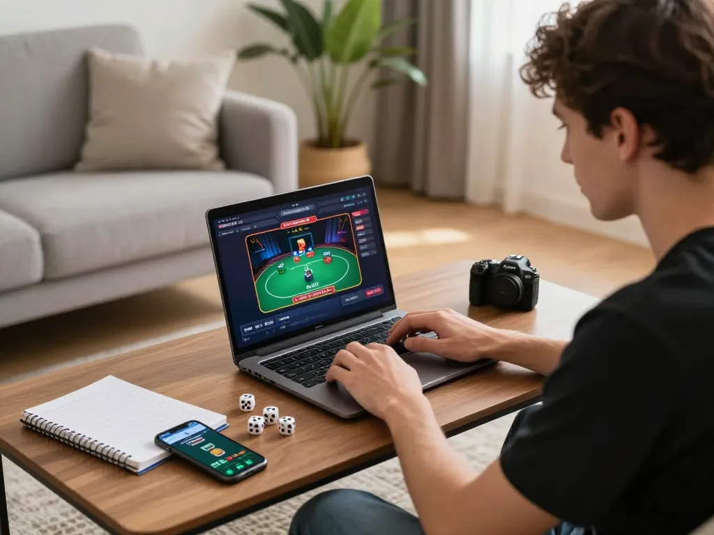 Player strategizing poker on ko66 com in a cozy home setup with laptop and notebook.