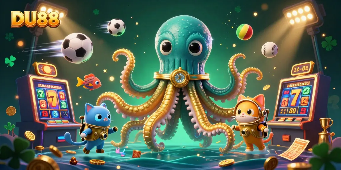 Spin the reels with DU88 as the colossal kraken appears alongside a diving cat, packed with casino elements.