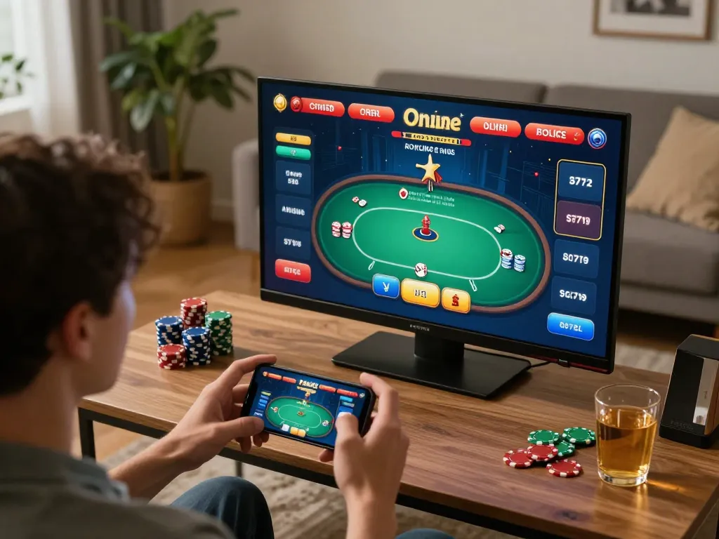 GO88 player strategizing online poker in a cozy home setting, reflecting responsible gaming atmosphere