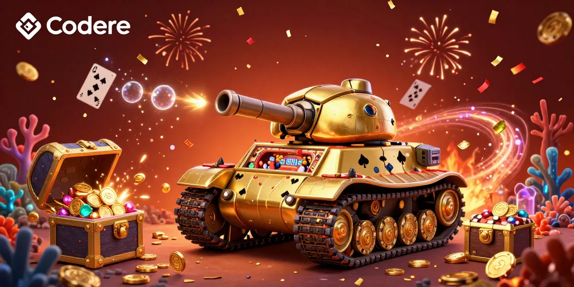 Bet on Codere in this lively 3D illustration featuring a golden beetle tank casino surrounded by treasures.