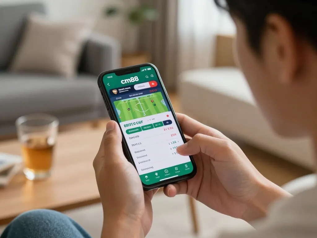 Engaged user exploring nhà cái cm88 betting app for live sports action at home.