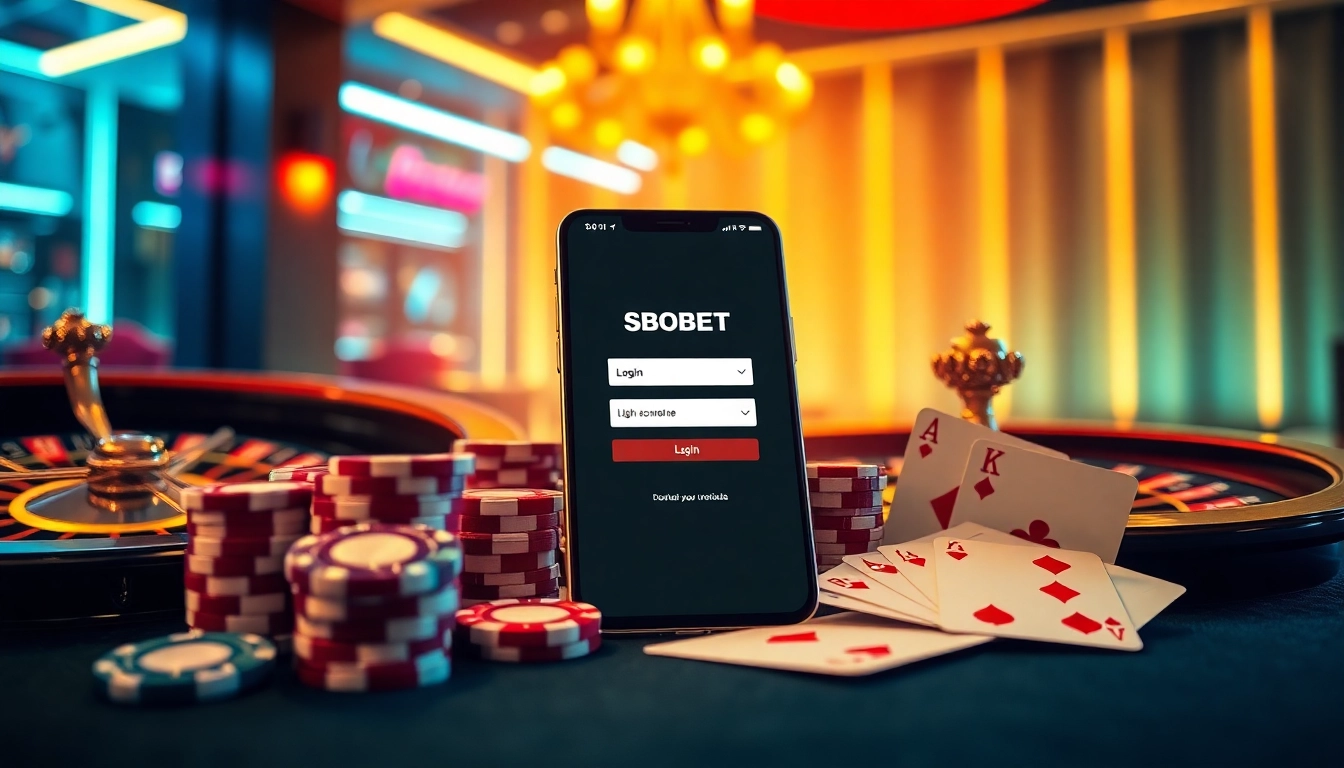 Engage with SBOBET login Indonesia at a vibrant online casino scene featuring sleek smartphone interface and casino elements.
