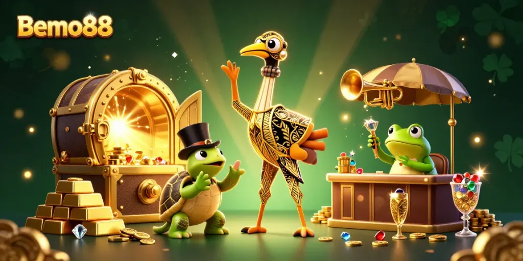 Spin to win on Bemo88, featuring colorful casino elements and lively characters in a vibrant gaming scene.