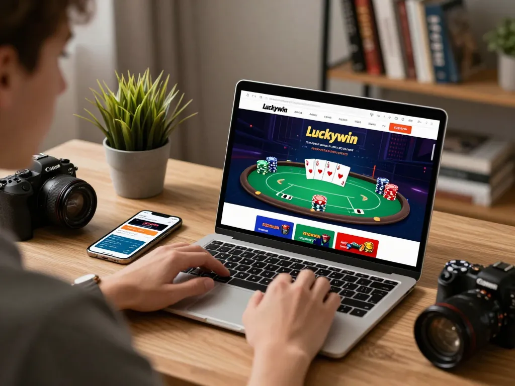 Engaging in strategic online gambling with Luckywin at a stylish desk, showcasing poker action.