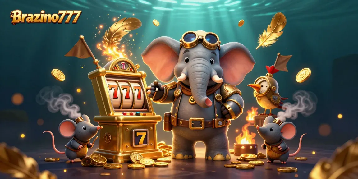 Brazino777 invites players to spin and win with a steampunk-themed slot machine illustration.