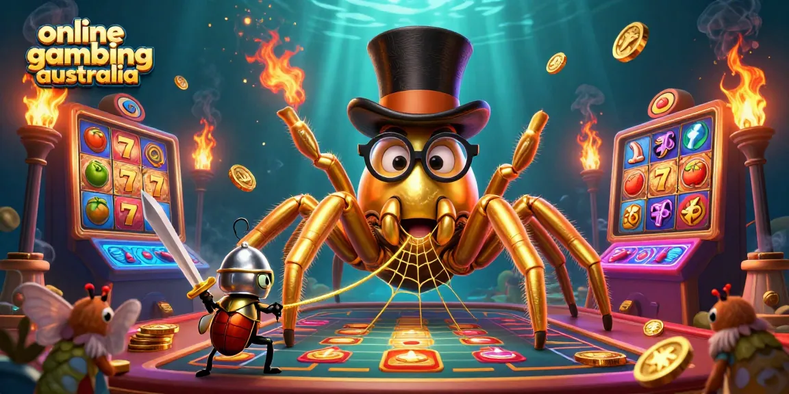 Engage in online gambling Australia with golden pokies and adventurous characters in a vibrant casino scene.