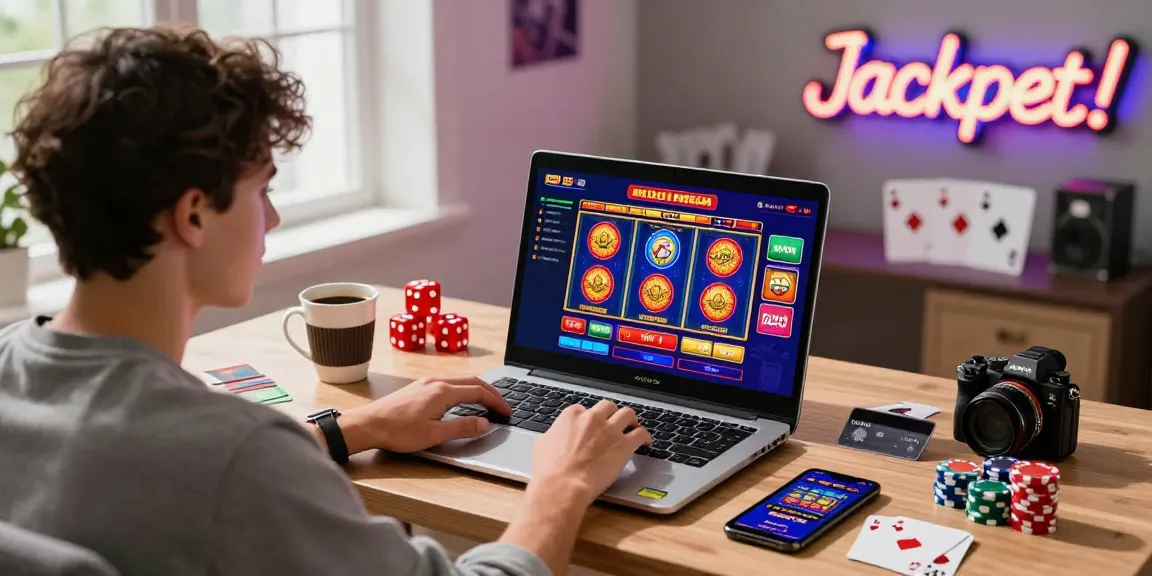 Exciting online credit card casinos environment with player at desk enjoying vibrant gaming experience.