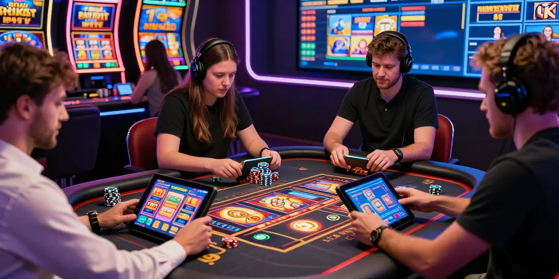 Players enjoying new UK slot sites at a modern online casino, engaging with vibrant slot games.