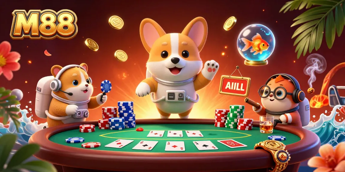 M88 offers thrilling poker action in a vibrant floating casino, featuring animated characters and colorful chips.
