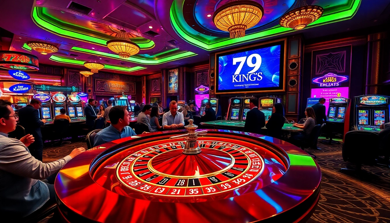 Exciting scene of a luxurious casino with players enjoying games at 79 king tables and vibrant atmosphere.