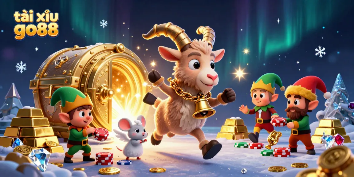 Tài xỉu go88 vibrant casino scene featuring festive Krampus goat among treasure and mischievous gremlins.