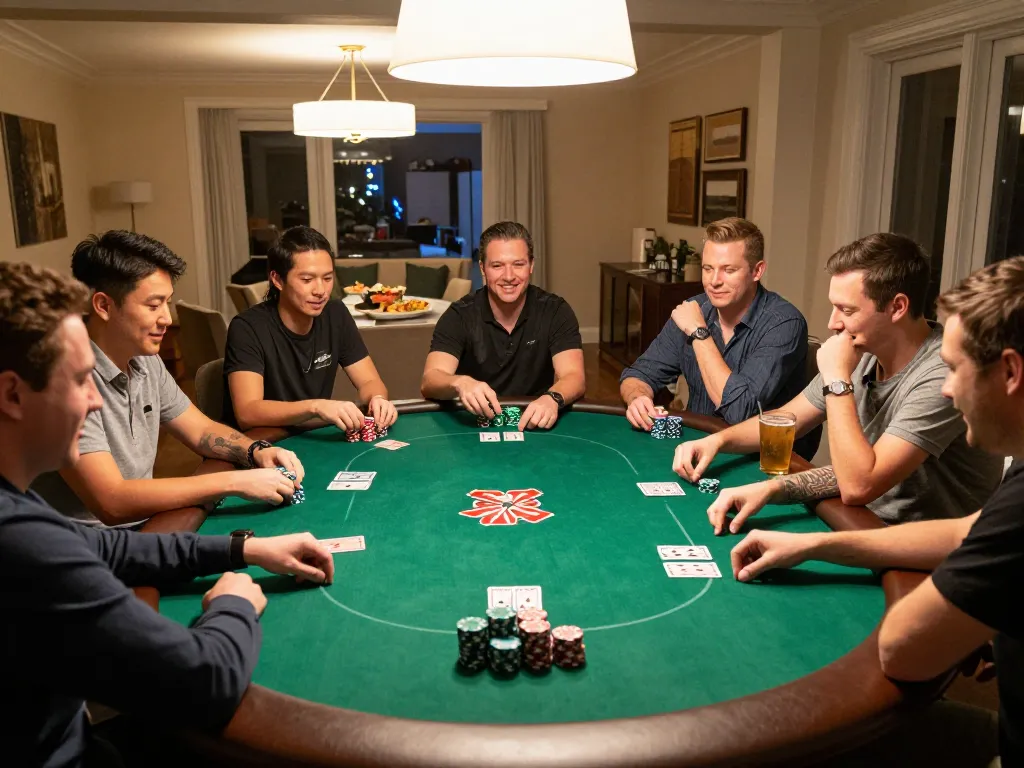 Engaged friends strategizing during a home poker night with nk88 bet chips stacked, capturing excitement and friendly competition.