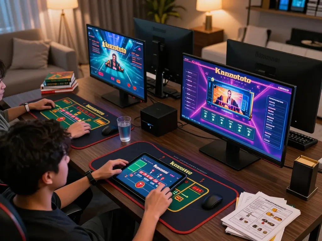 Suasana permainan Kenzototo dengan pengguna terlibat dalam strategi blackjack online di rumah.