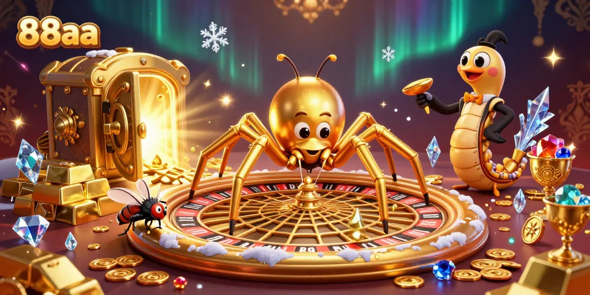 Experience the excitement of 88aa as a fly nervously bets at a roulette wheel web, surrounded by treasure.
