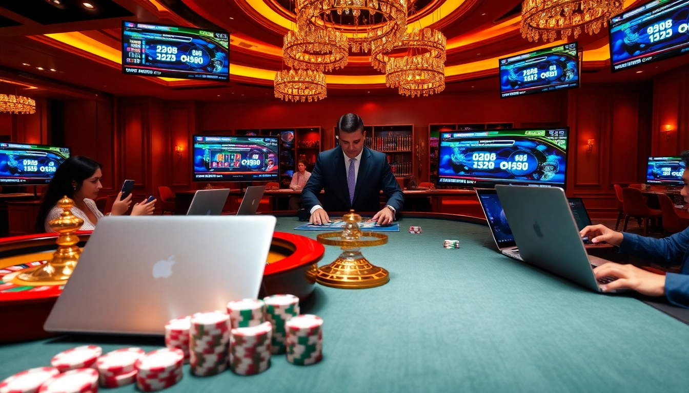Experience the excitement of gambling at https://xx88.today/ with a luxurious online casino scene showcasing virtual games and players.