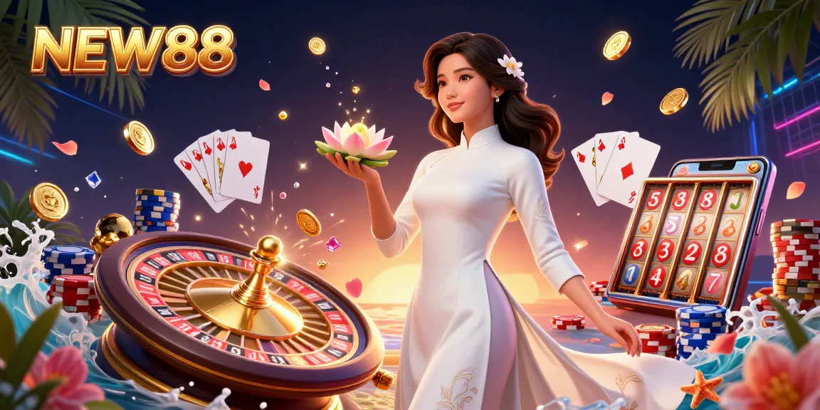 Experience the excitement of NEW88 with elegant Asian casino elements and vibrant colors.