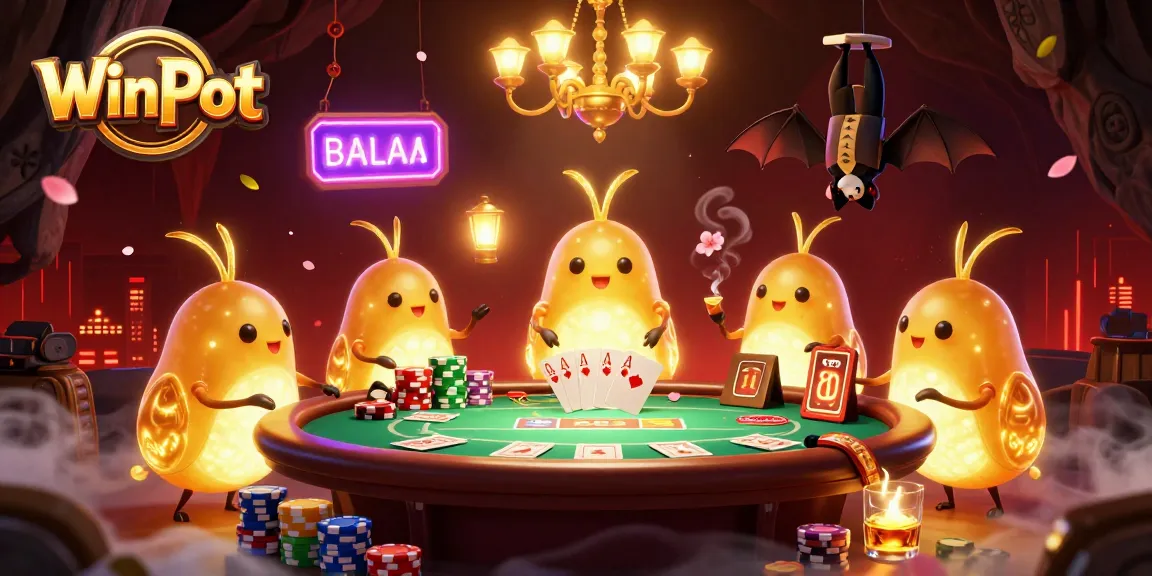 Winpot's vibrant casino scene with glowworms and bat dealer lighting up the poker table