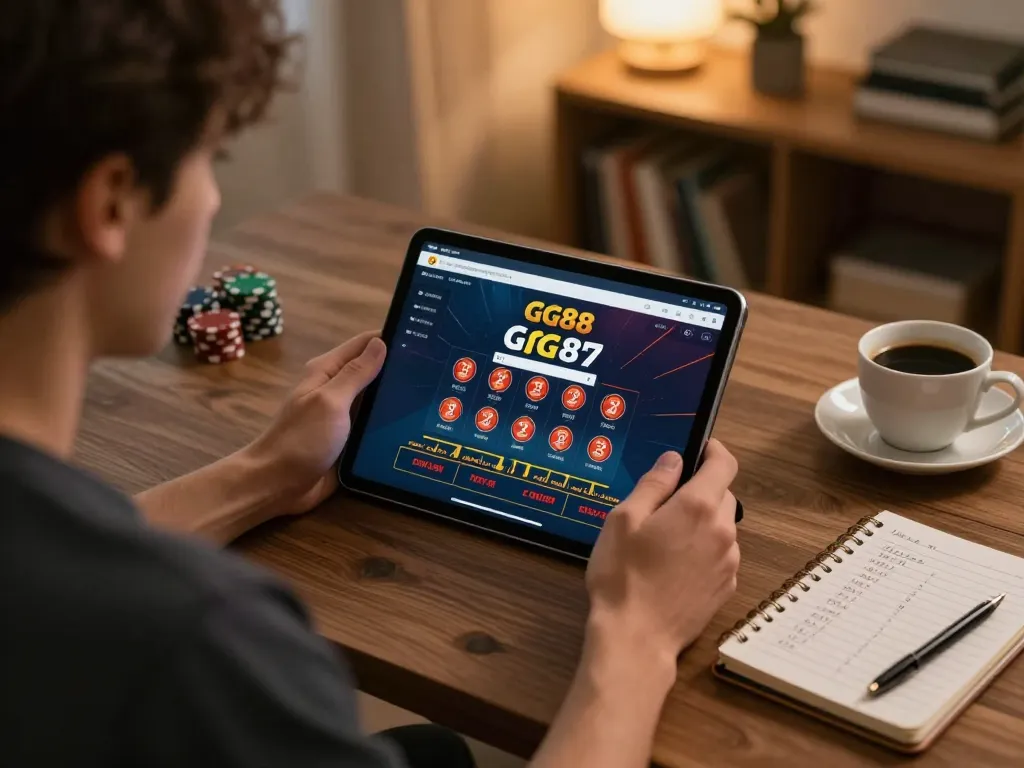 Engaging player analyzing GG88 link for online blackjack while tracking strategies in cozy home office.