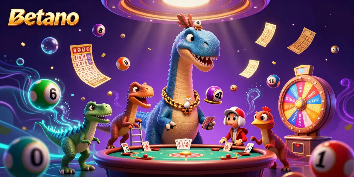 Engage with Betano as a cartoon brontosaurus towers over a casino scene filled with colorful lottery balls and a clever raptor dealer.