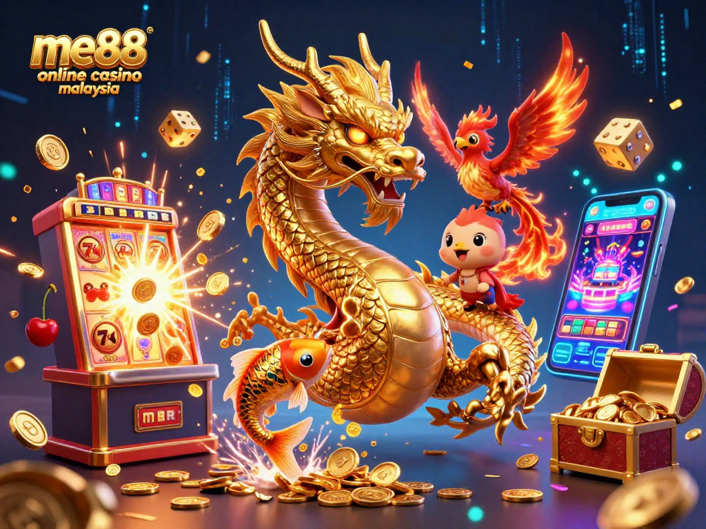 Experience excitement at me88 online casino Malaysia with a vibrant vibrant casino scene featuring a golden dragon and lucky symbols.