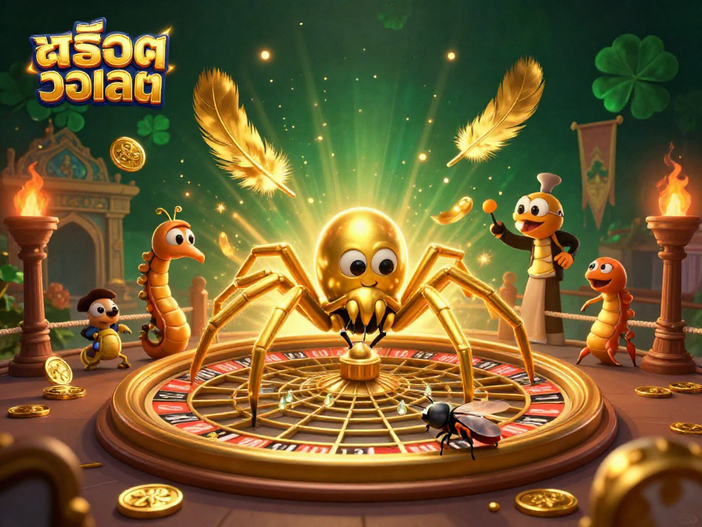 Experience สล็อตวอเลท in action with a golden spider and croupier spinning luck and bets.