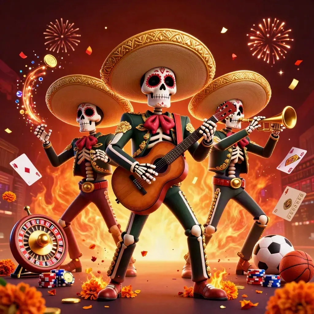 Skeleton mariachi trio with poker chips, coins, roulette wheel, cards, petals, and fiery casino glow.