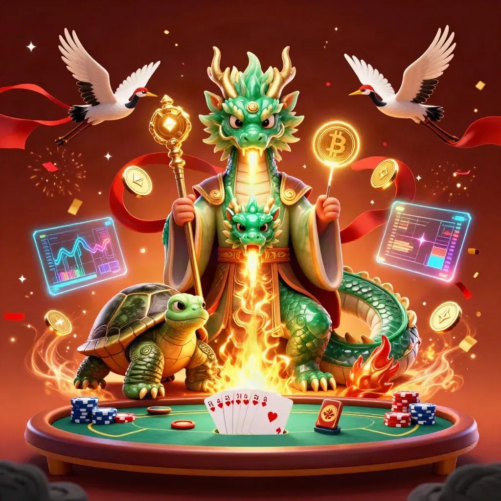 Emerald dragon, turtle sage, cranes, poker table, and crypto effects in a fiery casino fantasy.