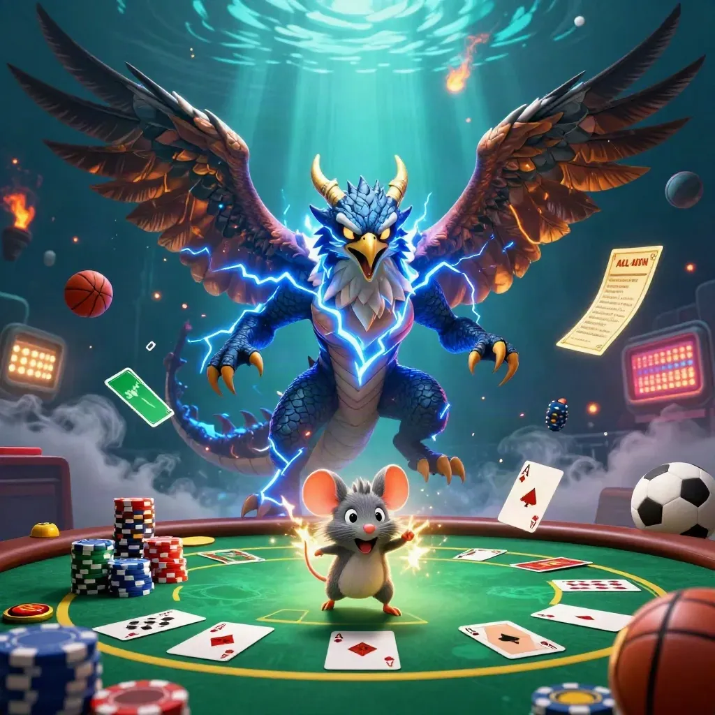 Thunder dragon, hawk, and mouse burst through poker chips, cards, ball, and cinematic teal light.
