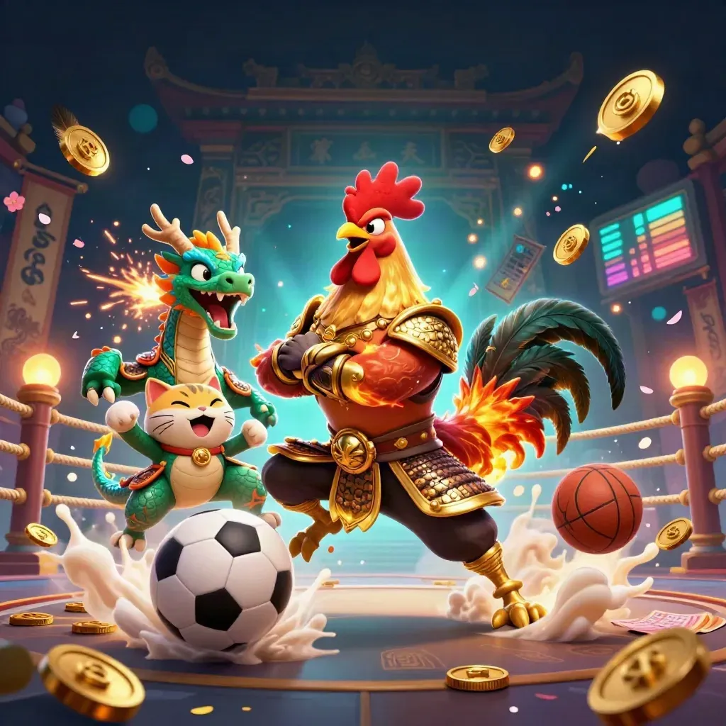 Samurai rooster, dragon hatchling and fortune cat in neon casino sports chaos with coins, sparks and fog.