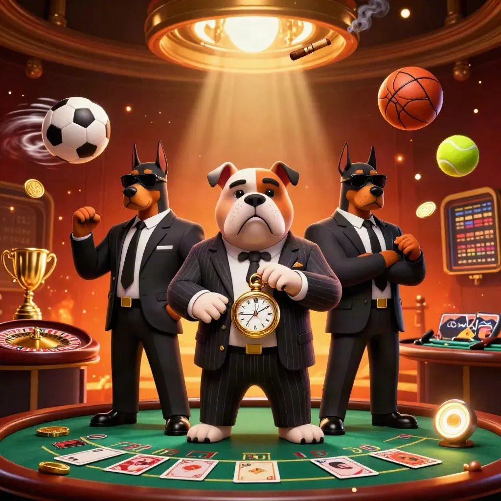 Bulldog boss with Doberman guards amid casino lights, balls, trophy, coins, and glowing gold.