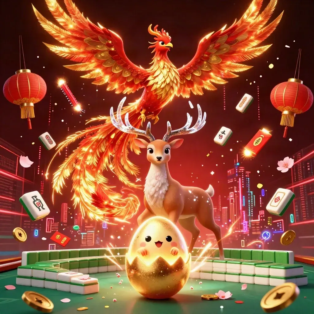 Fire phoenix, hatching baby phoenix, and crystal-antler stag in a neon casino fantasy scene.