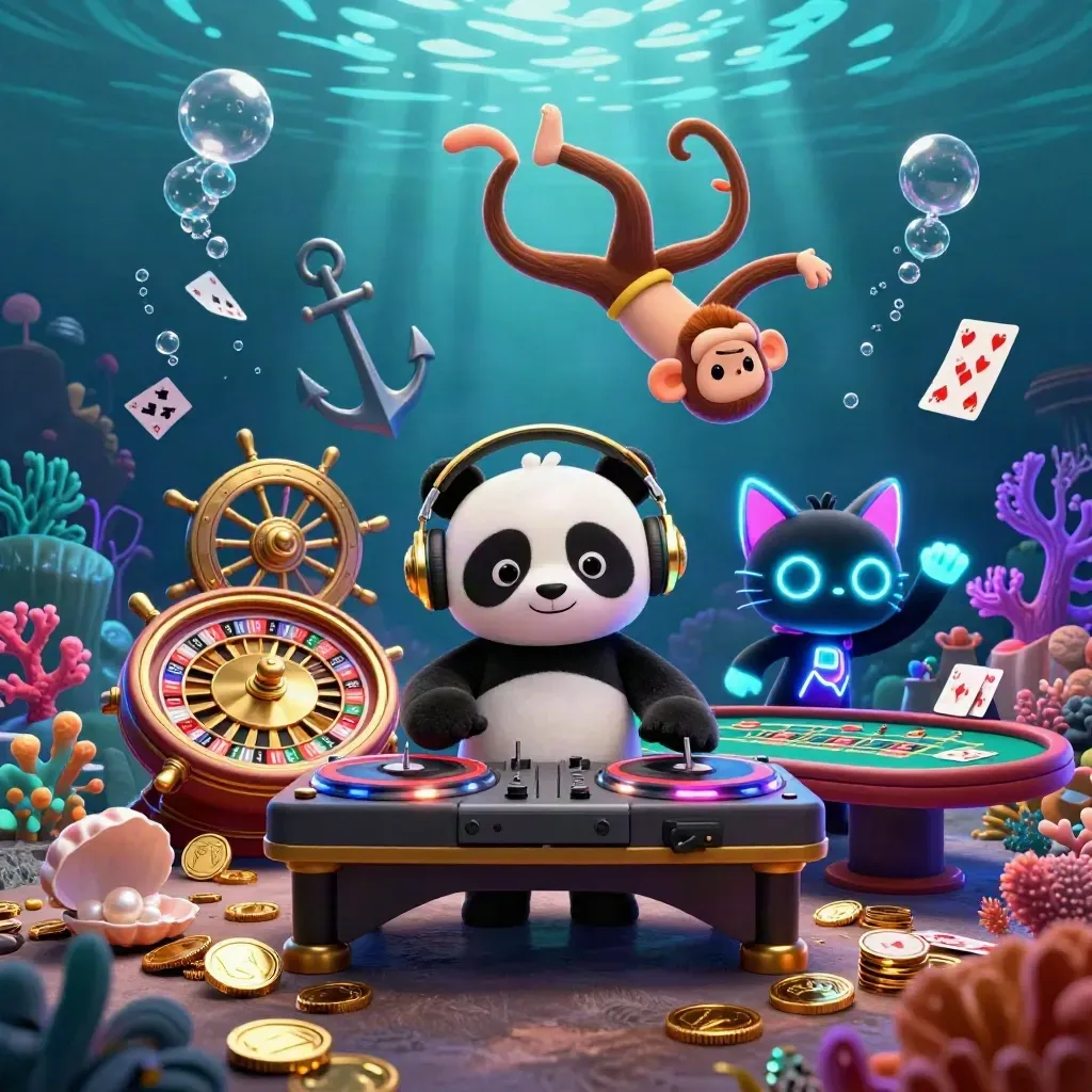 DJ panda, monkey, and glow-stick kitten in an underwater casino treasure cove