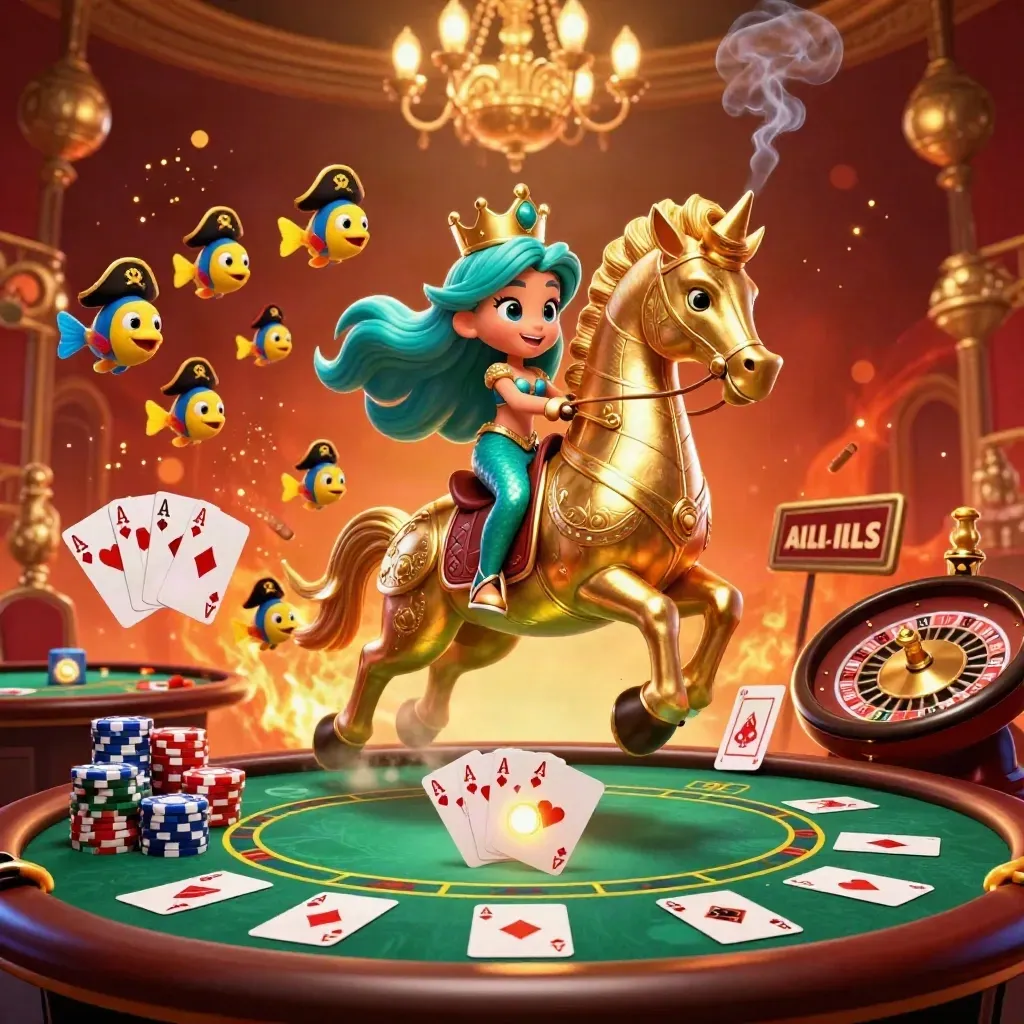 Mermaid princess rides a golden seahorse through a luxury casino scene with poker props and glowing brass.