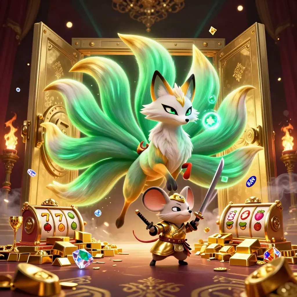 Fox spirit and armored mouse burst from a golden vault amid gems, gold, and slot symbols.