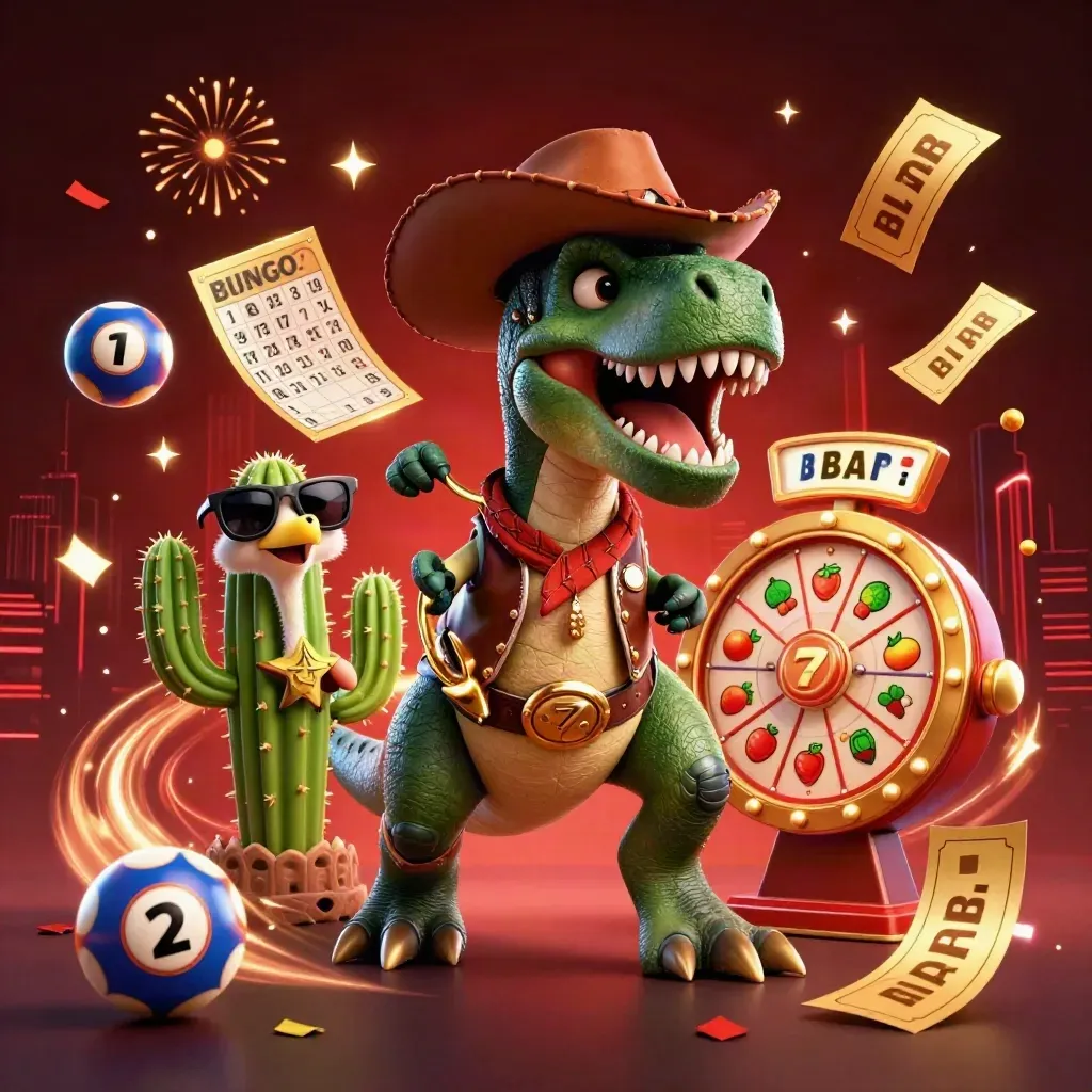 Cowboy T-Rex, cactus sidekick, and roadrunner amid casino loot, glowing confetti, and prize wheels.