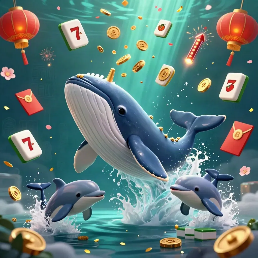 Whale captain, narwhal, and dolphins explode through coins with casino props underwater.